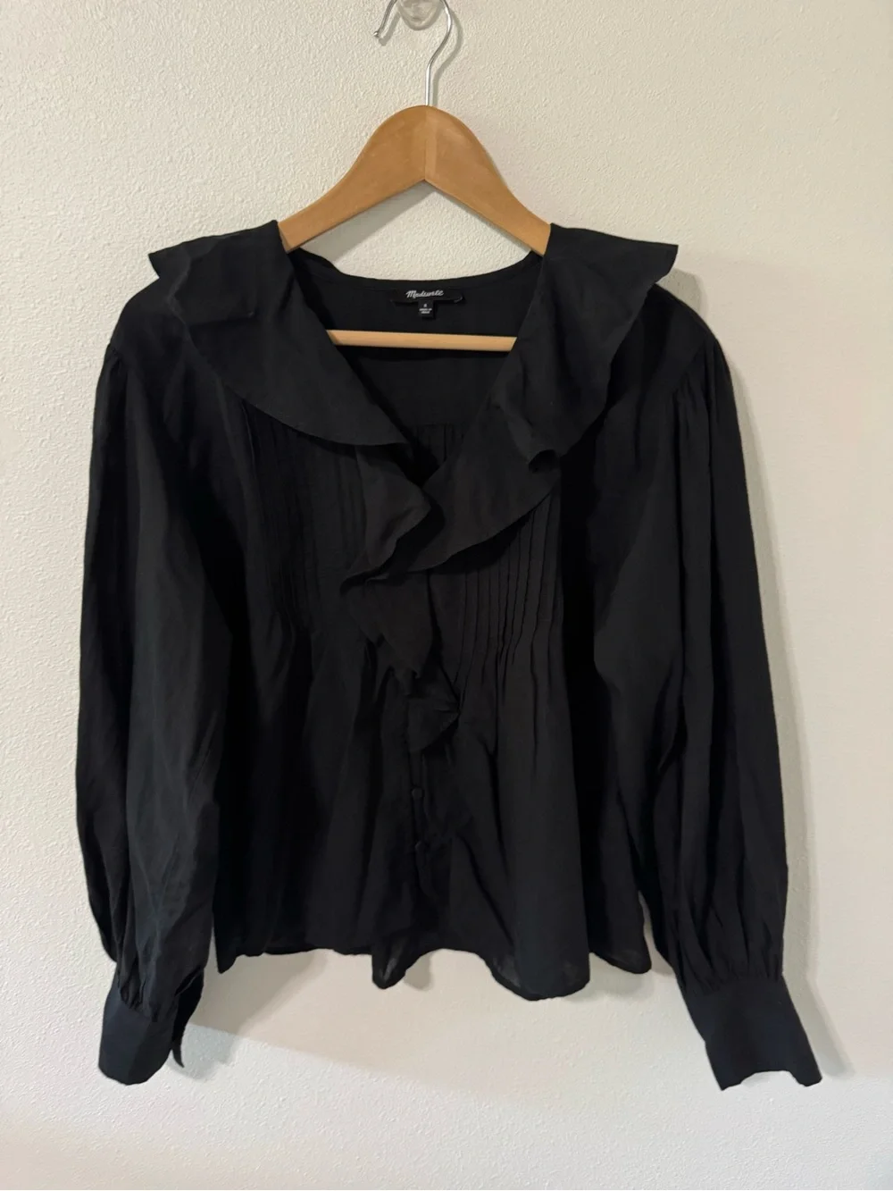 Madewell Ruffled Pintucked Long Puff Sleeve Blouse Black Lightweight 2025-S
